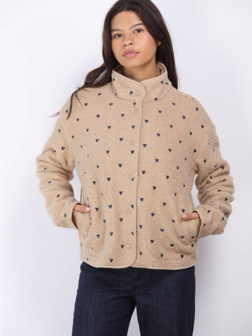 26 International Beige Sherpa Jacket with Navy Heart Print